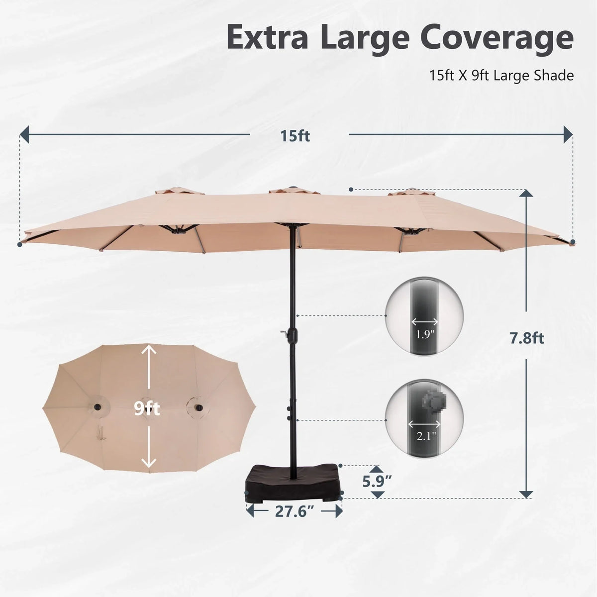 15-foot Rectangular Crank Double-sided Outdoor Market Umbrella Solar LED Lighted Patio Umbrella with Base Included