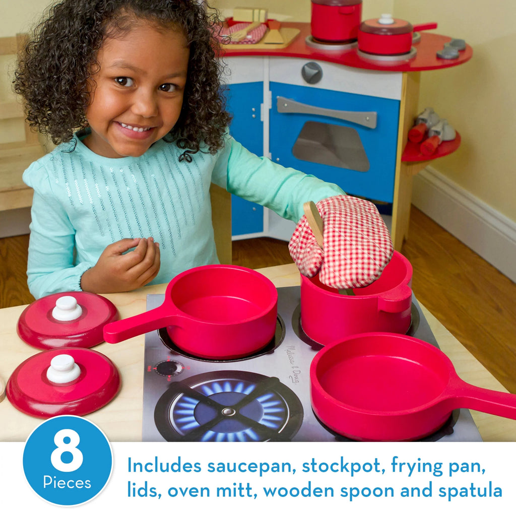 Melissa & Doug Set de Juego de Accesorios de Cocina de Madera Deluxe – Ollas y Sartenes (8 piezas)