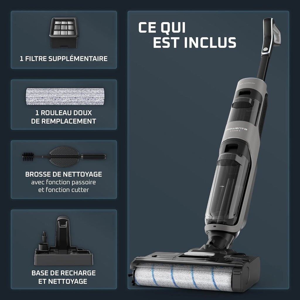 Rowenta X-Clean 4 Aspirateur Balai Laveur sans Fil, Aspiration et Lavage Puissant, Intelligent, Autonomie 50min, Autonettoyage GZ5036WO, Gris