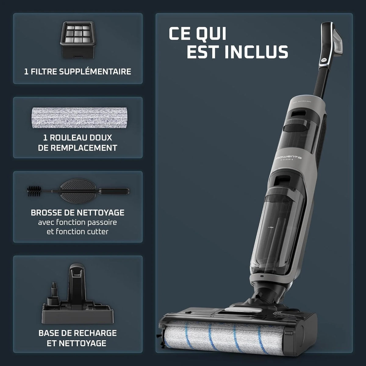 Rowenta X-Clean 4 Aspirateur Balai Laveur sans Fil, Aspiration et Lavage Puissant, Intelligent, Autonomie 50min, Autonettoyage GZ5036WO, Gris