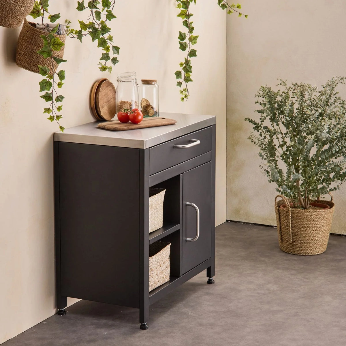 Cocina Exterior De Acero 1 Cajón Y 1 Puerta, 80cm, Negro