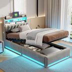 Lit Coffre 90x200 cm avec LED et Ports USB,Tête de Lits avec Rangement,Lit Double avec Sommier à Lattes, Facile à Assembler,pour Adultes et Adolescents,Velours (Gris, 90x200 cm)
