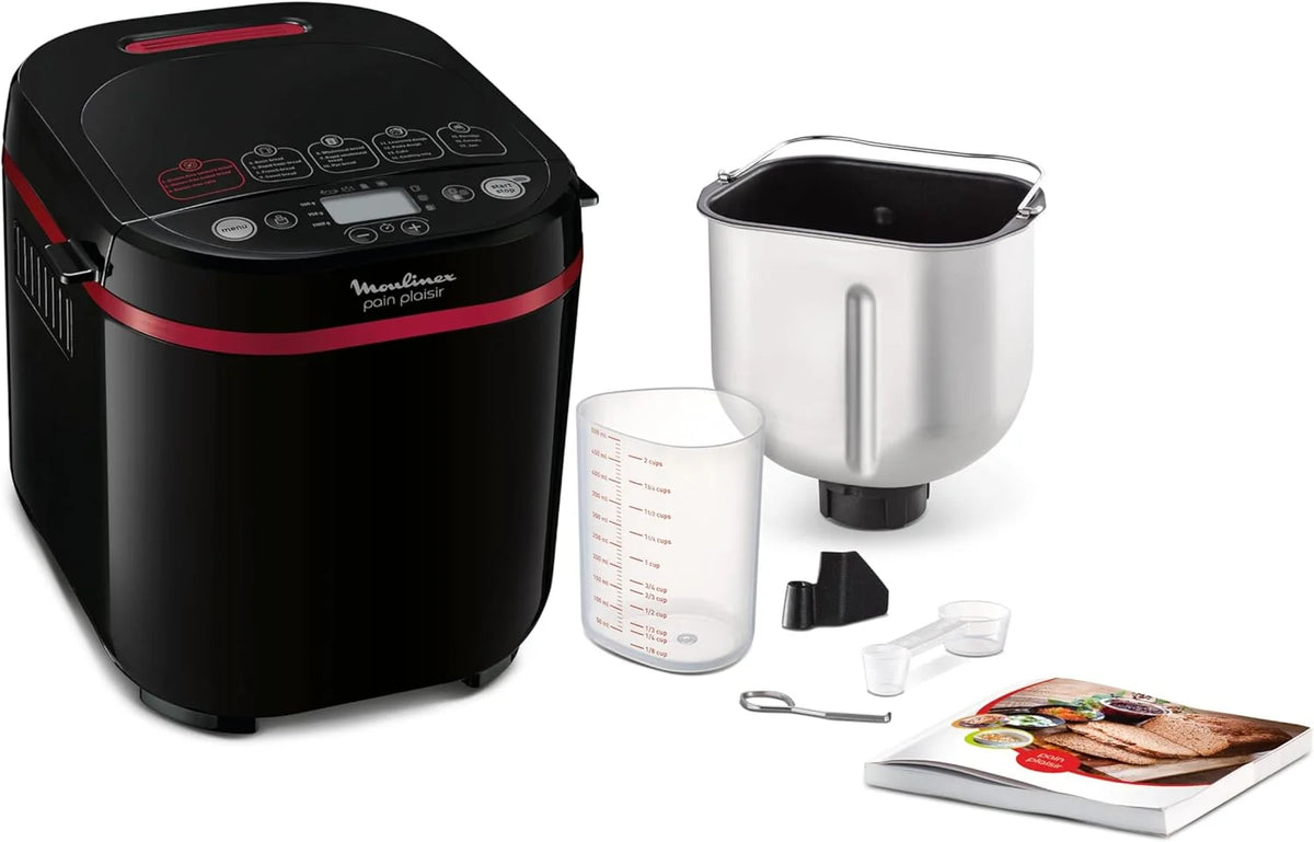 Moulinex Pain Plaisir Machine à pain, 1 Kg, 720W, 17 programmes, Programme sans gluten, Pain maison, Pizza, Départ différé 15 heures, 3 niveaux de dorage, OW220830 Noir