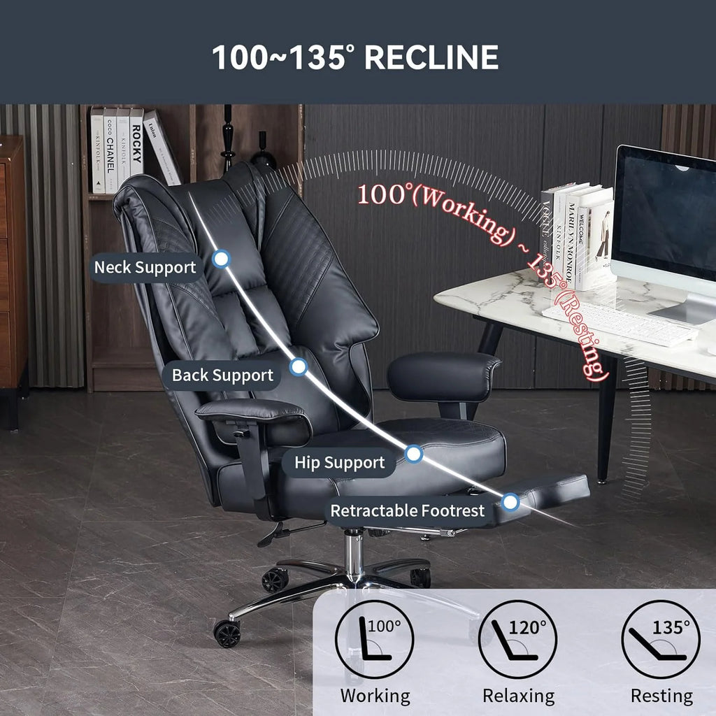 Silla de Oficina Alta y Ancha para 400 lbs, Silla Ejecutiva de Cuero con Respaldo Alto y Reposapiés, Silla Ergonómica con Soporte Lumbar para Aliviar el Dolor de Espalda Baja (Beige)