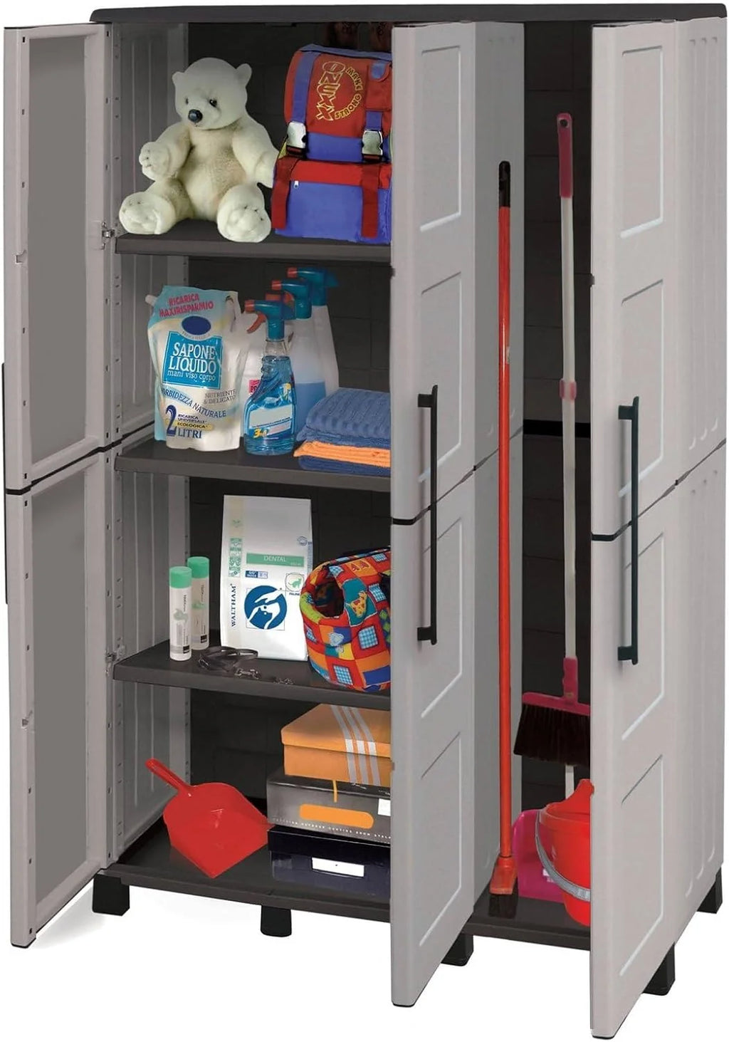 Dmora - Armoire d'extérieur Nandrin, Armoire à balais, Armoire d'extérieur 3 portes, 100% Made in Italy, 102x37h169 cm, Gris clair et noir, Finition damier