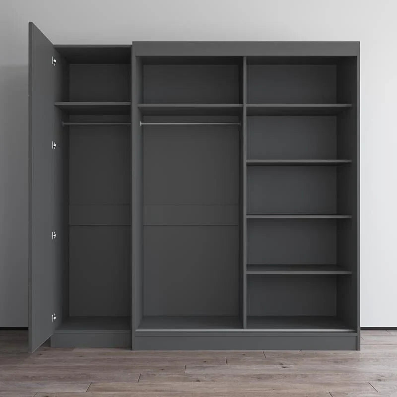 2-Door Wardrobe with Mirror, Glass Front, 2-Person (Gray / Black / White)