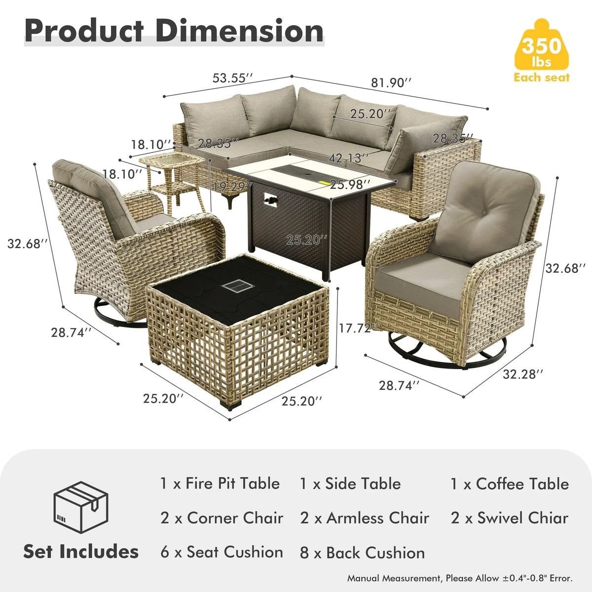 OVIOS 9 Pieces Outdoor Wicker Swivel Chair Set With Fire Table