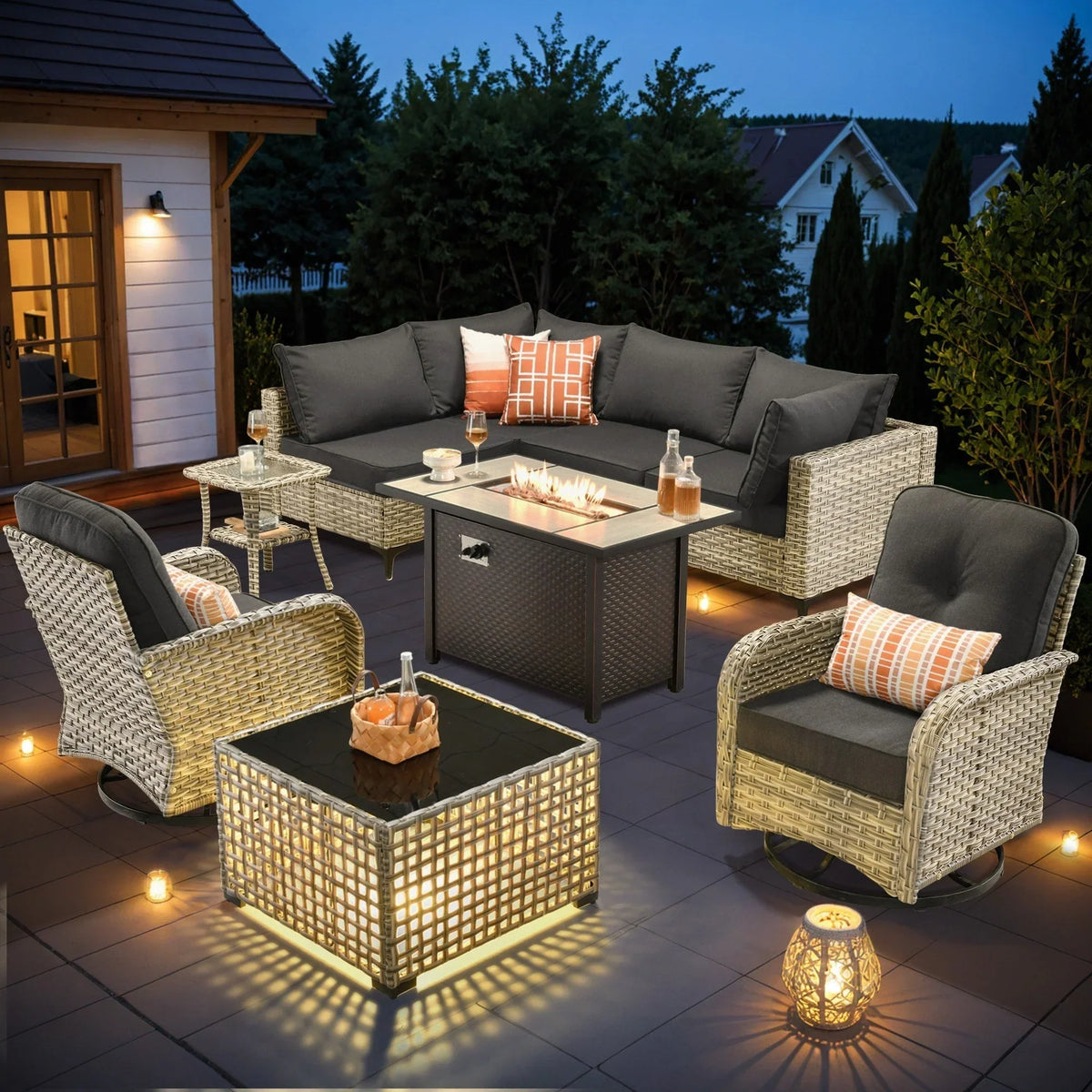 OVIOS 9 Pieces Outdoor Wicker Swivel Chair Set With Fire Table