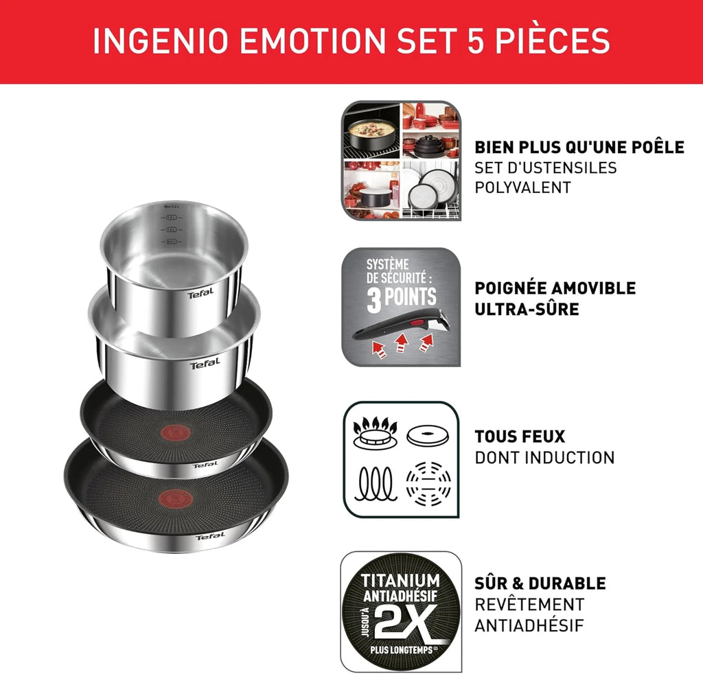 Tefal Ingenio Emotion Set of 3 Frying Pans 22/24/28 cm + 3 Saucepans 16/18/20 cm + Stew Pot 24 cm + Wok 26 cm + 12 Accessories | Induction Safe, Non-Stick, Dishwasher and Oven Safe