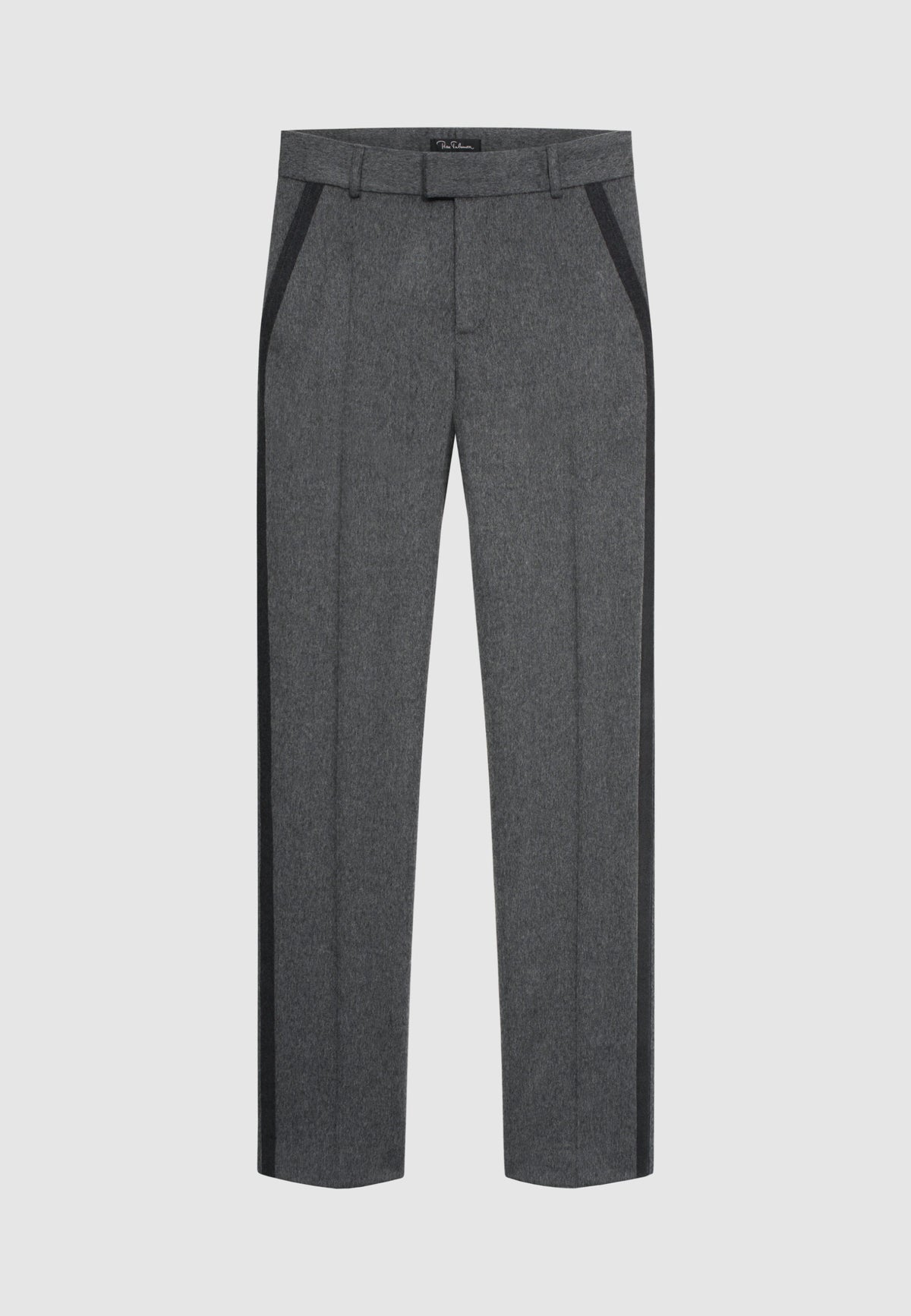 Pantalon en flanelle de laine gris à bandes latérales contrastées