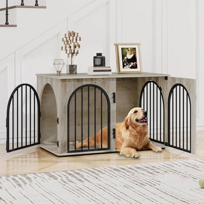 100cm Cage pour Chiens,Cage Chien de Taille Moyenne, Maisonnette pour Animaux,3 Portes, Porte arquée, 60 x 100 x 63 cm,Ivoire Clair