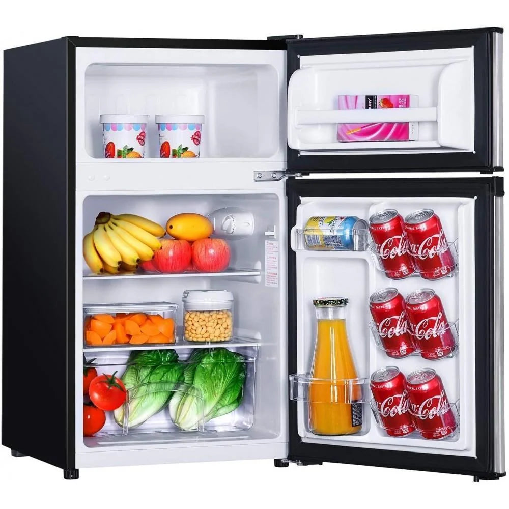 Mini refrigerador con congelador, 3.1 pies cúbicos, refrigerador compacto con luz LED, 2 puertas, mini nevera para dormitorio, oficina, dormitorio universitario, RV, garaje, acero inoxidable plateado - Modelo HPVFR310