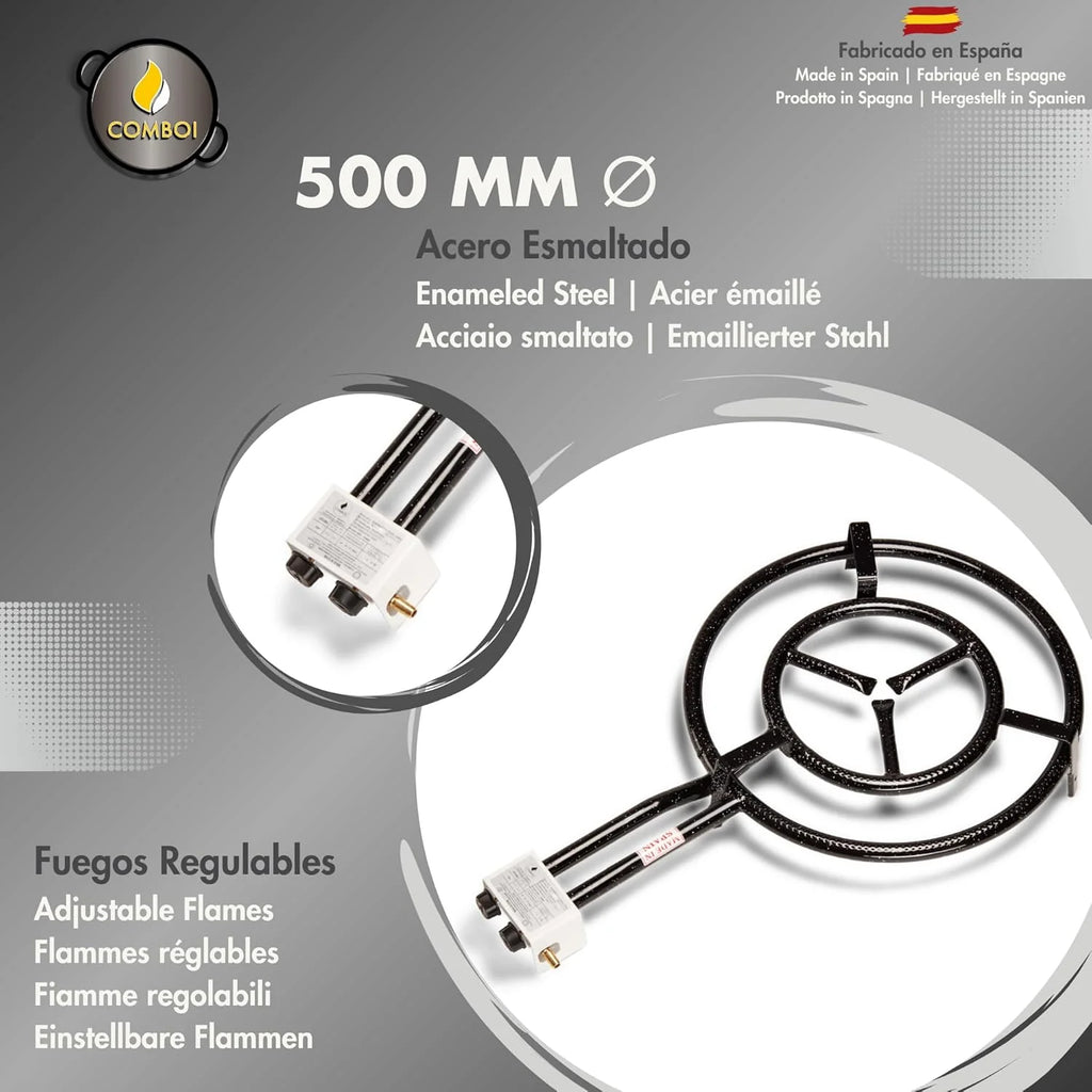 COMBOI - Kit paella, Brûleur à Gaz Butane de 50 cm, Poêles à paella de 60 cm et 42 cm, Régulateur de Gaz, Tuyau, Trépied Renforcé, Tablier et Recettes.