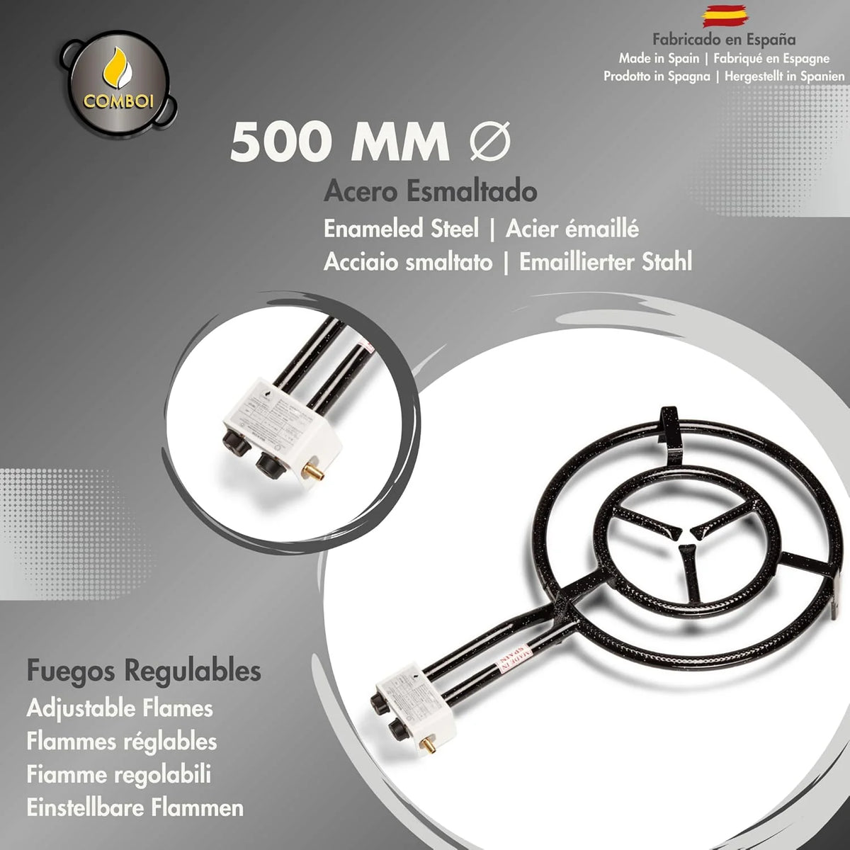 COMBOI - Kit paella, Brûleur à Gaz Butane de 50 cm, Poêles à paella de 60 cm et 42 cm, Régulateur de Gaz, Tuyau, Trépied Renforcé, Tablier et Recettes.