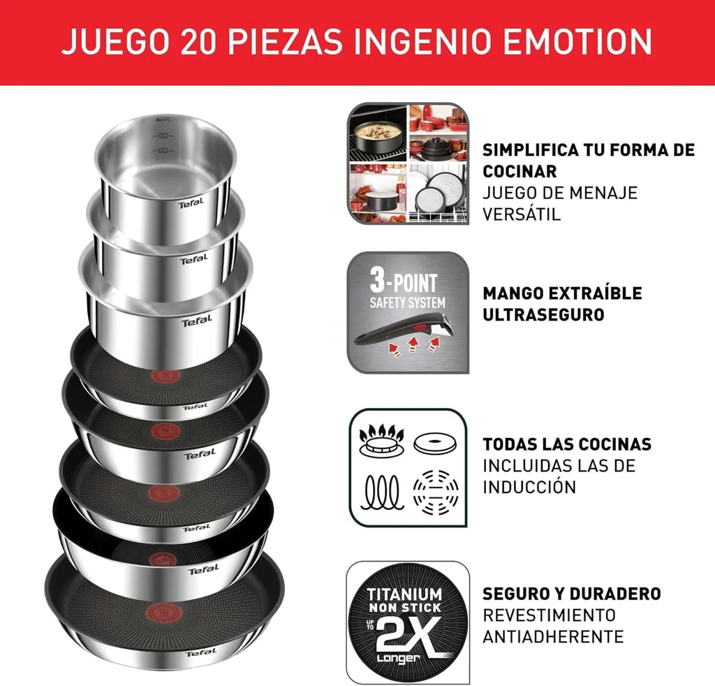 Tefal Ingenio Emotion Set of 3 Frying Pans 22/24/28 cm + 3 Saucepans 16/18/20 cm + Stew Pot 24 cm + Wok 26 cm + 12 Accessories | Induction Safe, Non-Stick, Dishwasher and Oven Safe