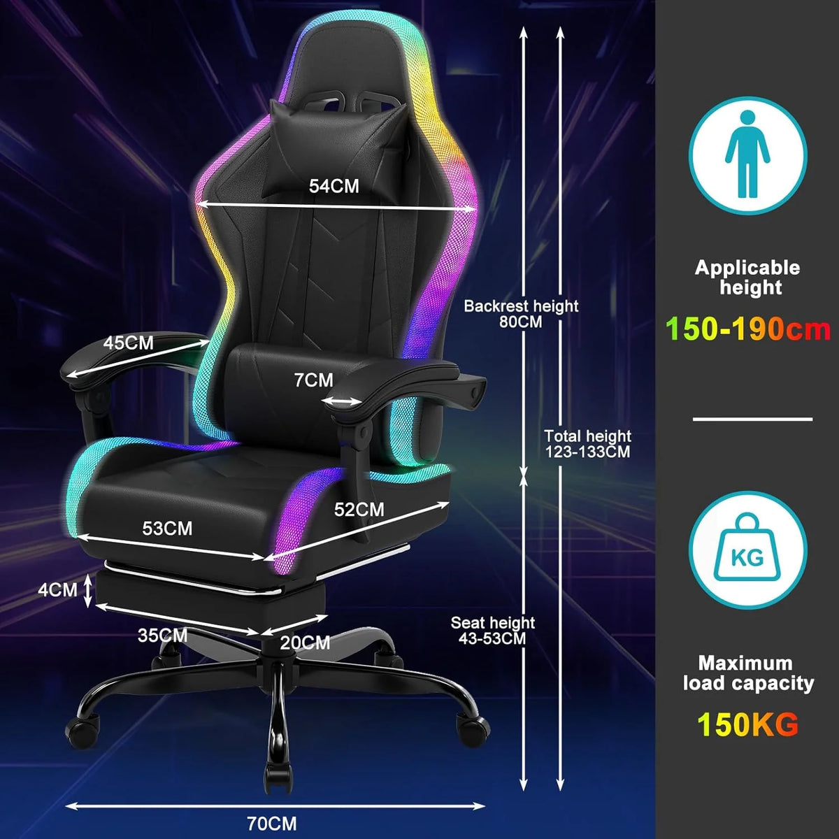 Devoko Chaise Gaming Ergonomique avec LED RGB, Massage Lombaire & Repose-Pieds – Fauteuil Gamer avec Appui-tête réglable – Dossier inclinable & Hauteur Ajustable – 180 kg – Noir