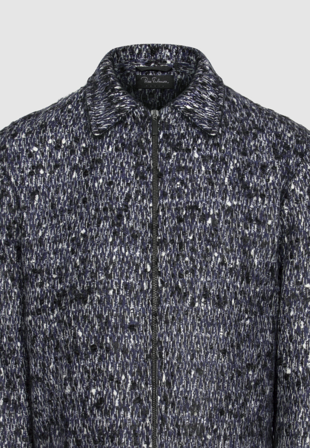Blouson zippé en tweed de laine chiné bleu, noir et blanc