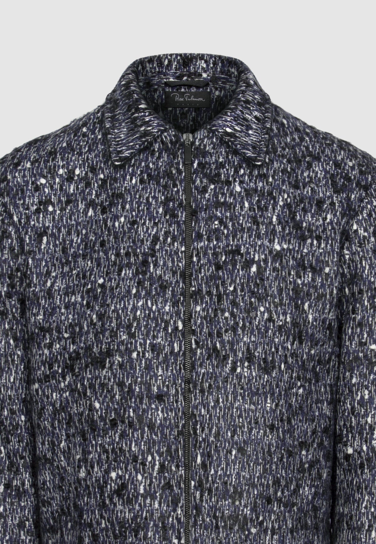 Blouson zippé en tweed de laine chiné bleu, noir et blanc