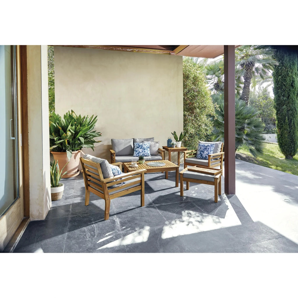 Conjunto de Jardín Mesa + Sofá + 2 Sillones + Mesa Auxiliar + Asiento Otomano + Bandeja de Madera, Bali