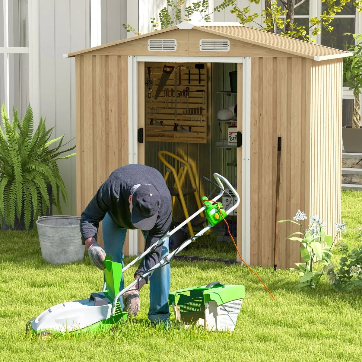 Abri de Jardin 2.3㎡ en Acier Galvanisé Anti-UV 196x142x186cm Cabane de Jardin Exterieur 3.7m³ avec Porte Coulissante Rampe Naturel