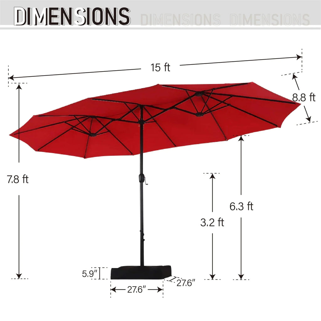 15-foot Rectangular Crank Double-sided Outdoor Market Umbrella Solar LED Lighted Patio Umbrella with Base Included