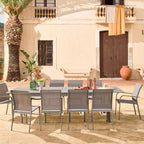sweeek - Table de Jardin Extensible Aluminium + 10 assises Aluminium et textilène Anthracite. 8 chaises. 2 fauteuils. 10 Places. 290 x 100 x 75 cm