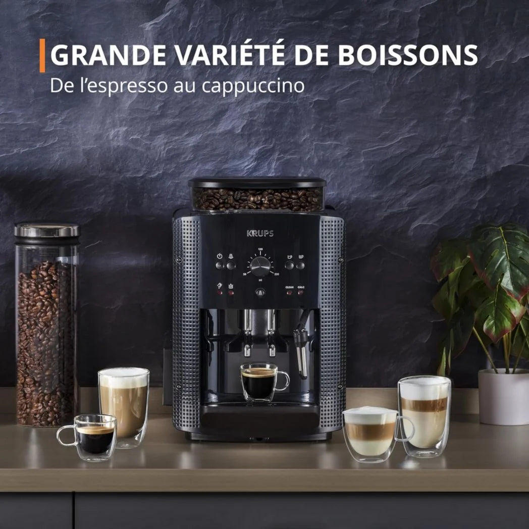 Krups Machine à café à grains, 1,7 L, 2 tasses simultanément, Nettoyage automatique, Buse vapeur pour cappuccino, Cafetière expresso, Essential black YY8125FD, Noir