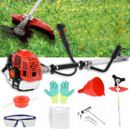 Bordures et Débroussailleuse à Essence 52CC 2.2KW - Tronçonneuse Portative à Moteur 2 Temps - Tête Fil et Lame 3 Dents Incluses - 8500 TR/Min pour Hautes Herbes et Ronces Rouge