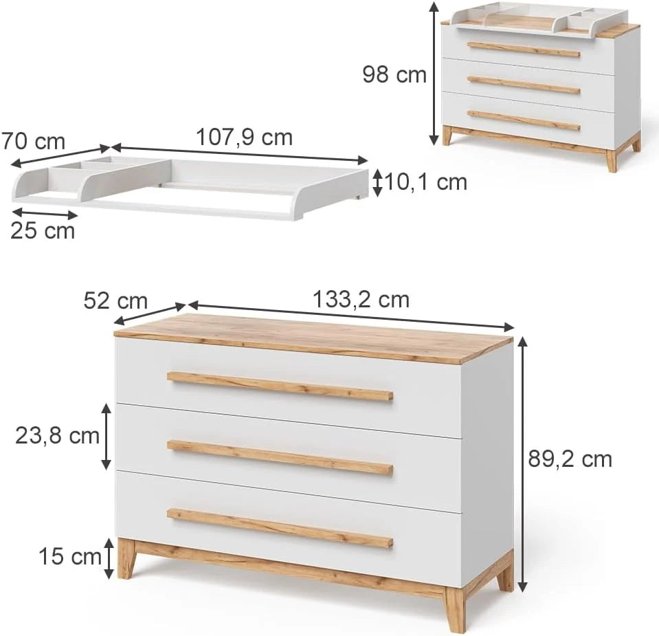 Table à Langer Malia, Blanc/Artisan, 133.2x98cm avec 3 tiroirs