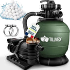 tillvex® Système de Filtre à Sable 13 200L/h jusqu'à 40 000L + 1200g Boules Filtre | 7 Fonctions & Adaptateur 2en1 Ø32-38mm | Filtre piscine & indicateur de pression (Vert, Avec minuterie)