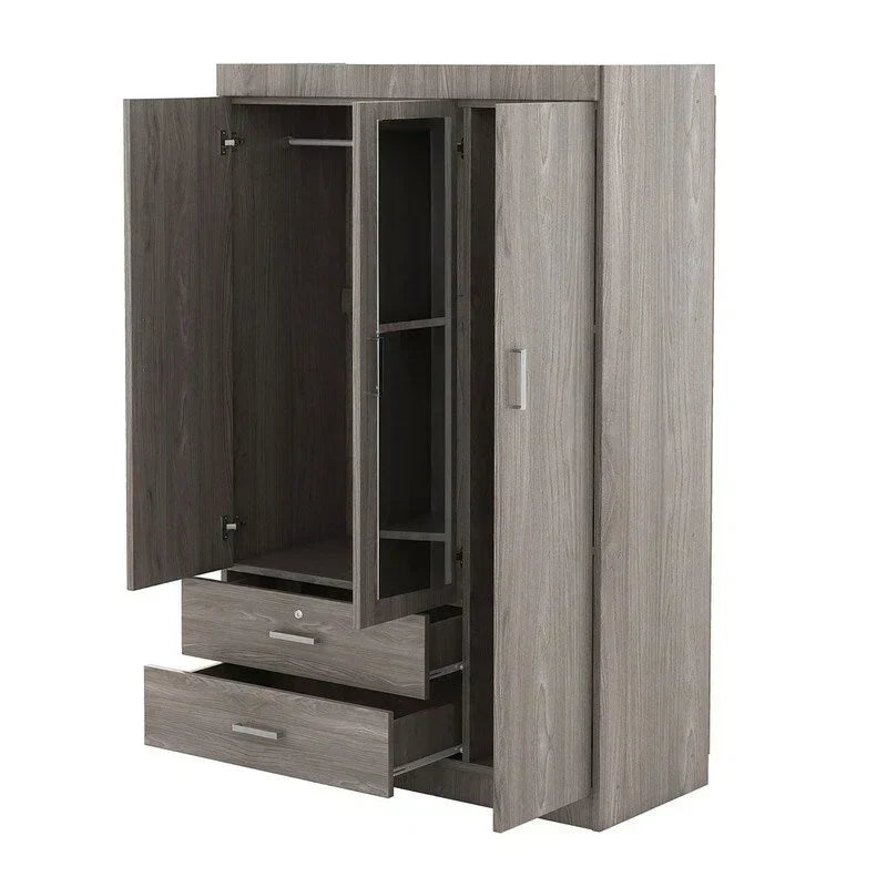 3-Door Mirror Wardrobe with Shelves and 2 Drawers