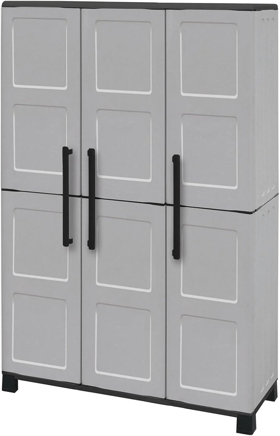 Dmora - Armoire d'extérieur Nandrin, Armoire à balais, Armoire d'extérieur 3 portes, 100% Made in Italy, 102x37h169 cm, Gris clair et noir, Finition damier