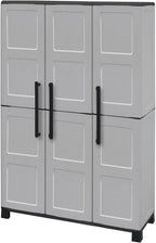 Dmora - Armoire d'extérieur Nandrin, Armoire à balais, Armoire d'extérieur 3 portes, 100% Made in Italy, 102x37h169 cm, Gris clair et noir, Finition damier