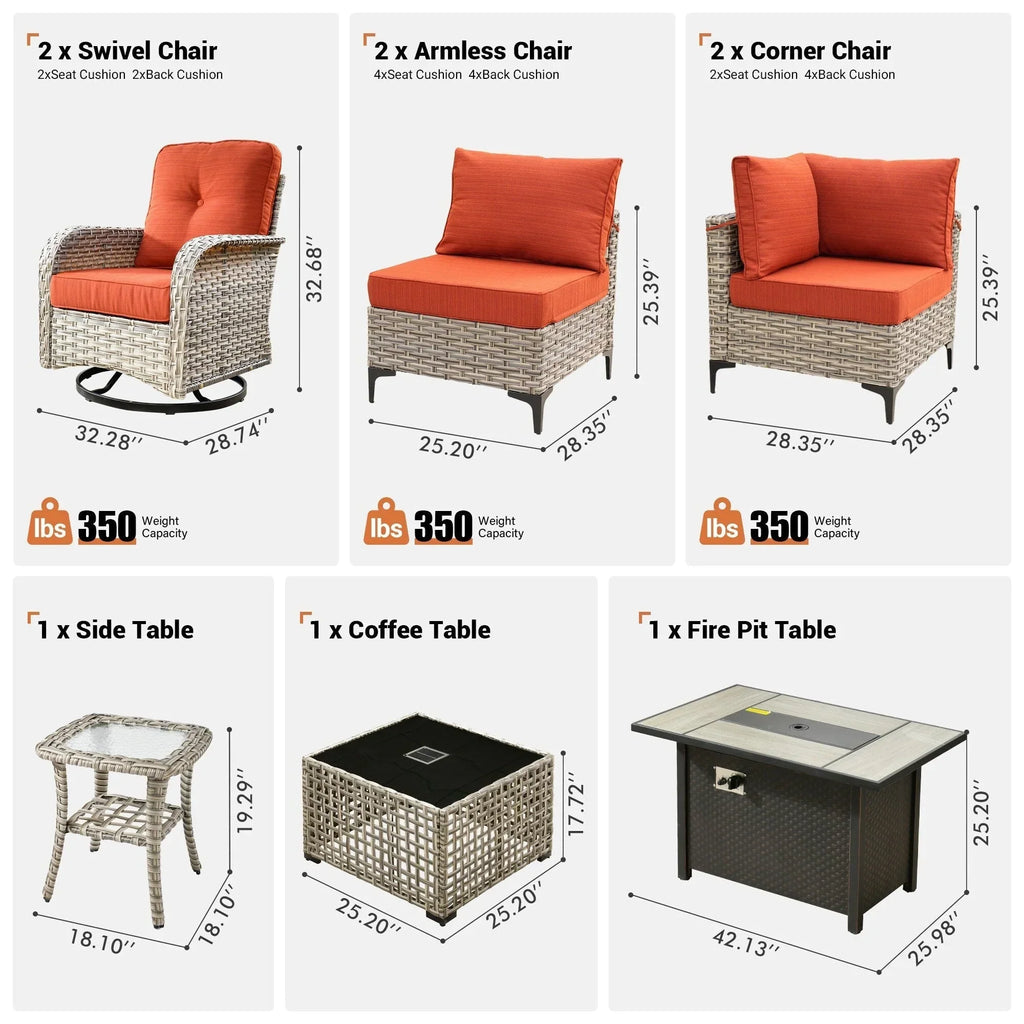 OVIOS 9 Pieces Outdoor Wicker Swivel Chair Set With Fire Table