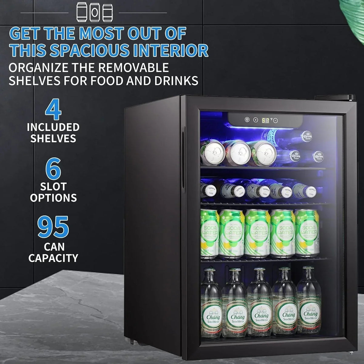 Mini Fridge-100 Can Beverage Refrigerator, Wine Cooler, Clear Front Glass Door, Small Drink Touch Screen - 2.6 Cu. Ft.