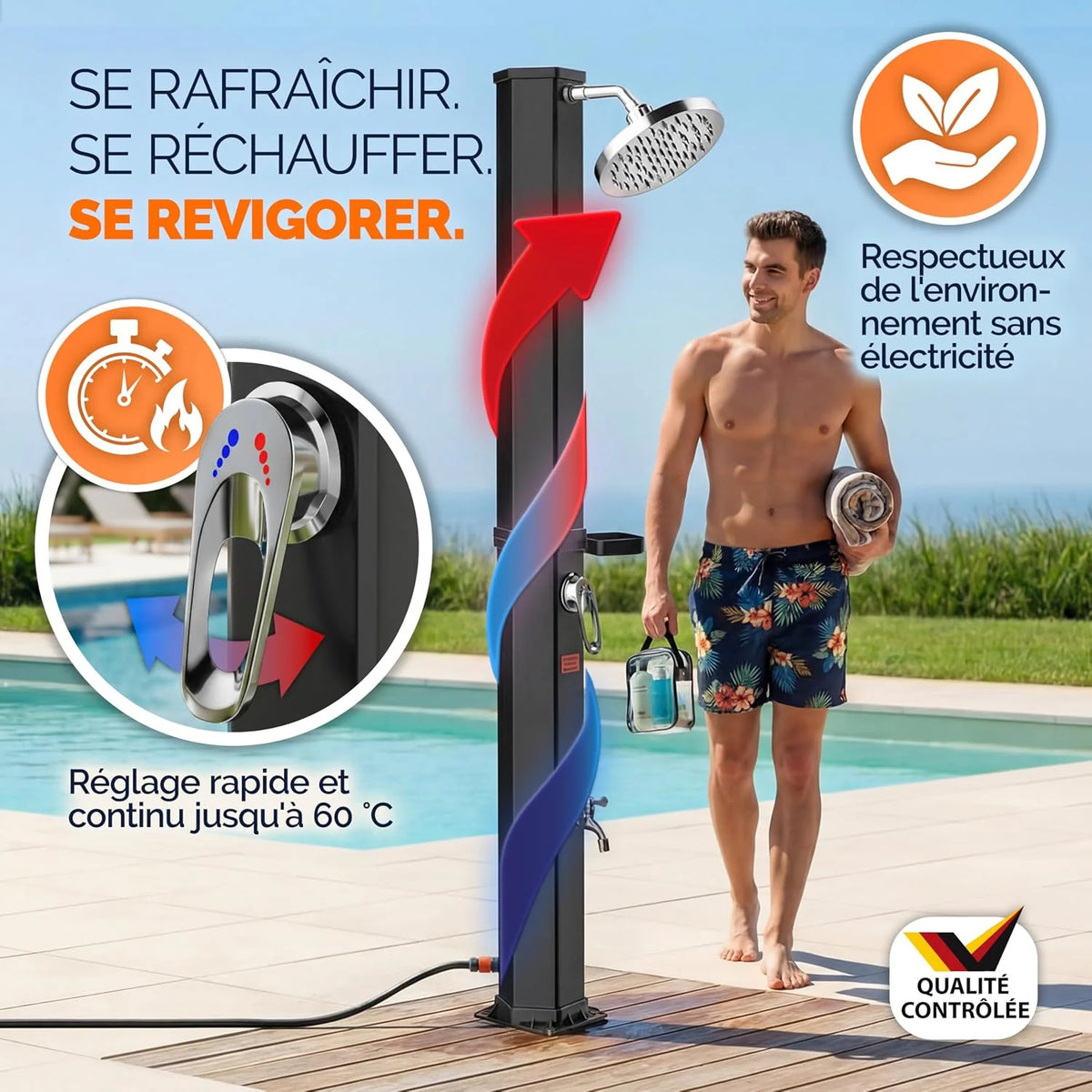 Casaria® Douche Solaire Jardin 35 L - 216 cm - Pommeau de Douche pivotant Ø15 cm - Douchette extérieur Eau Chaude - avec raccord Tuyau d'Arrosage & Housse de Protection - Piscine, Terrasse, Camping