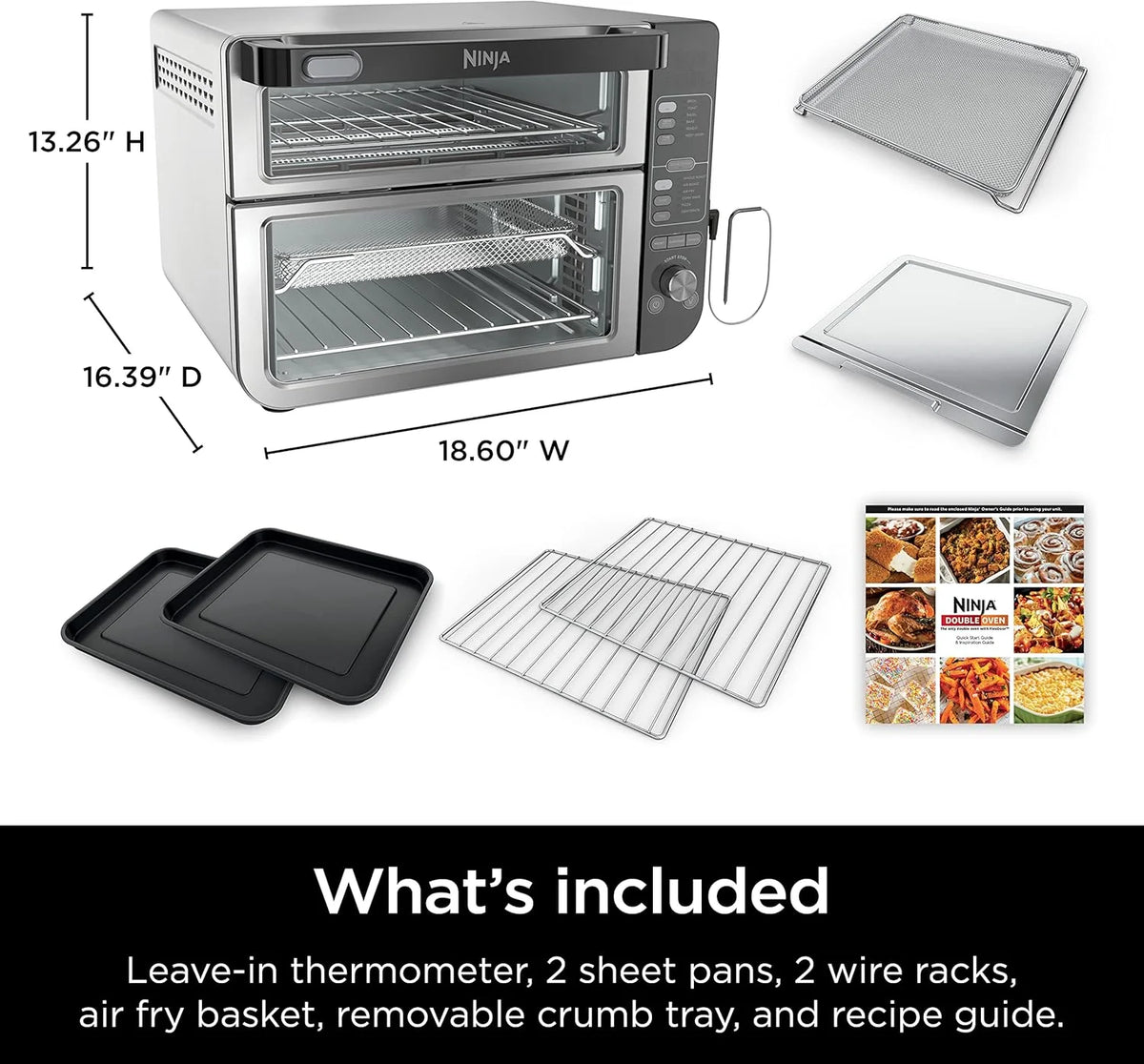 Ninja - Four double intelligent 12 en 1 DCT451 avec FlexDoor, thermomètre, FlavorSeal, finition intelligente, convection supérieure rapide et fond frit à l'air, acier inoxydable