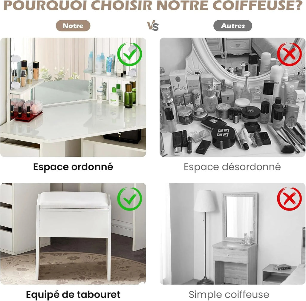 Coiffeuse avec Miroir Triptyque et Tabouret, Coiffeuse d'angle Miroir Tabouret 2 Compartiments 5 Tiroirs, Table de Maquillage Blanc Moderne Femme Cadeau avec LED