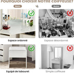 Coiffeuse avec Miroir Triptyque et Tabouret, Coiffeuse d'angle Miroir Tabouret 2 Compartiments 5 Tiroirs, Table de Maquillage Blanc Moderne Femme Cadeau avec LED
