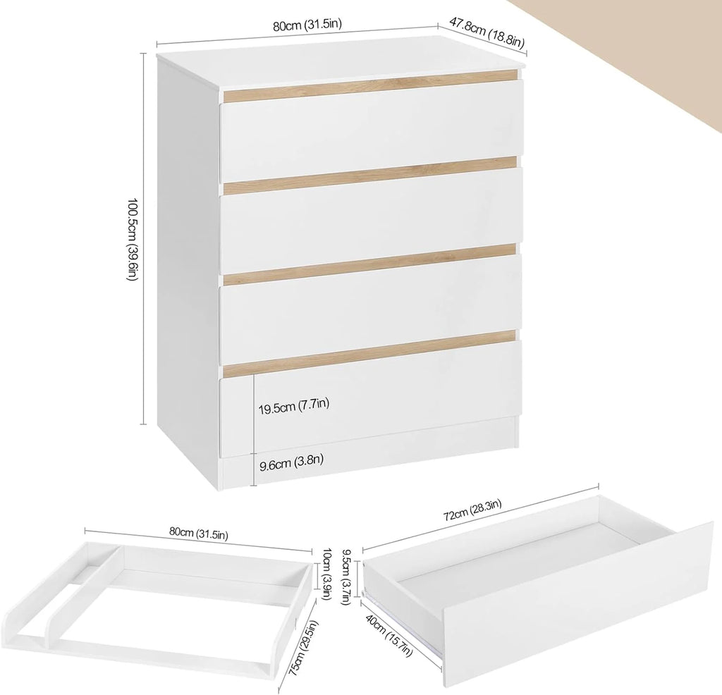 WOLTU Table à Langer + Commode avec 4 Tiroirs, Ensemble Meuble à langer pour Bébé, en Bois d’Ingénierie, Blanc + Chêne Clair, 80x75x109,2cm