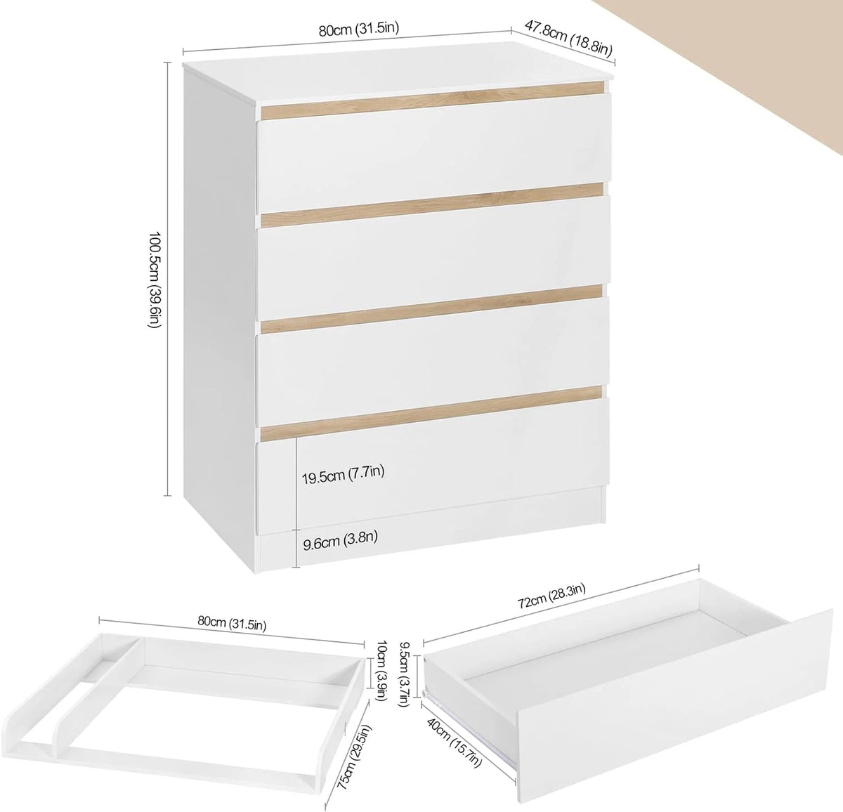 WOLTU Table à Langer + Commode avec 4 Tiroirs, Ensemble Meuble à langer pour Bébé, en Bois d’Ingénierie, Blanc + Chêne Clair, 80x75x109,2cm