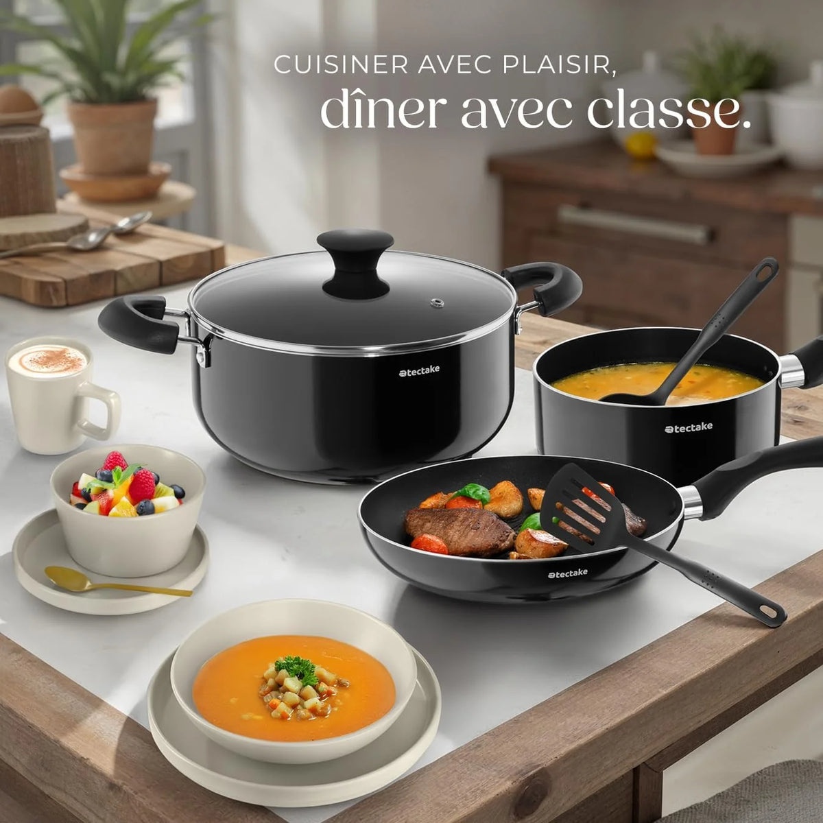 tectake® Set de cuisine 45 pièces, Service de table 6 personnes et Batterie de cuisine, Poêles, Casseroles, Assiettes plates, Assiettes creuses, Bols, Tasses, Louche, Spatule, Vaisselle en grès