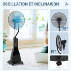 HOMCOM Ventilateur brumisateur sur roulettes ventilateur sur pied 90 W télécommande affichage LED télécommande minuterie 3 modes 3 vitesses oscillant, inclinable réservoir 3L - noir