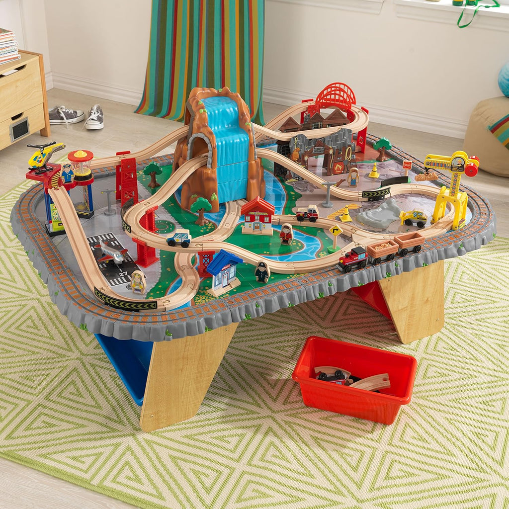 KidKraft Waterfall Mountain Wooden Train and Table Set with Storage Boxes, Railway Circuit with Cars, Helicopter and Plane Toy Children 3+ Years (17850)