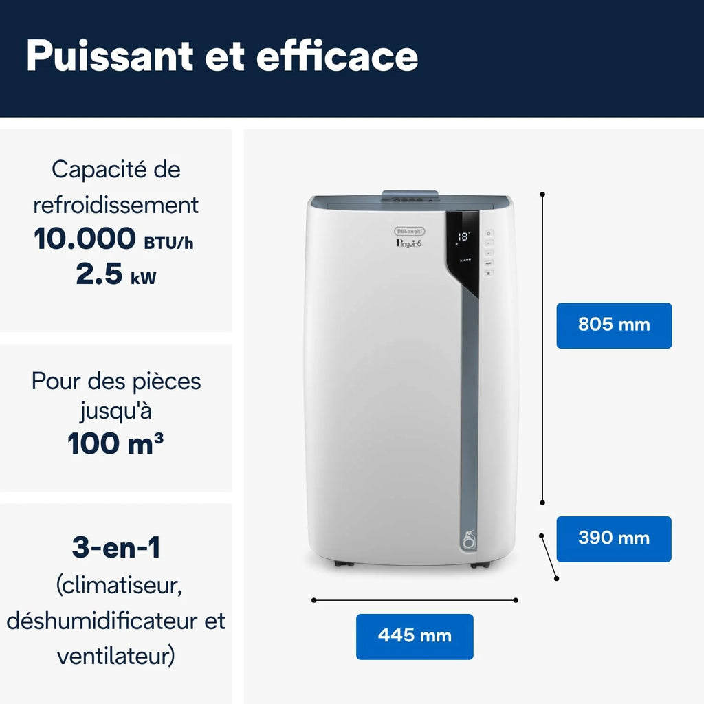 De'Longhi Pinguino PAC EX105 Climatiseur mobile avec technologie EcoRealFeel 10 000 BTU/h, pour pièces jusqu'à 100 m³, fonction déshumidification et ventilation, minuterie 24 heures, classe