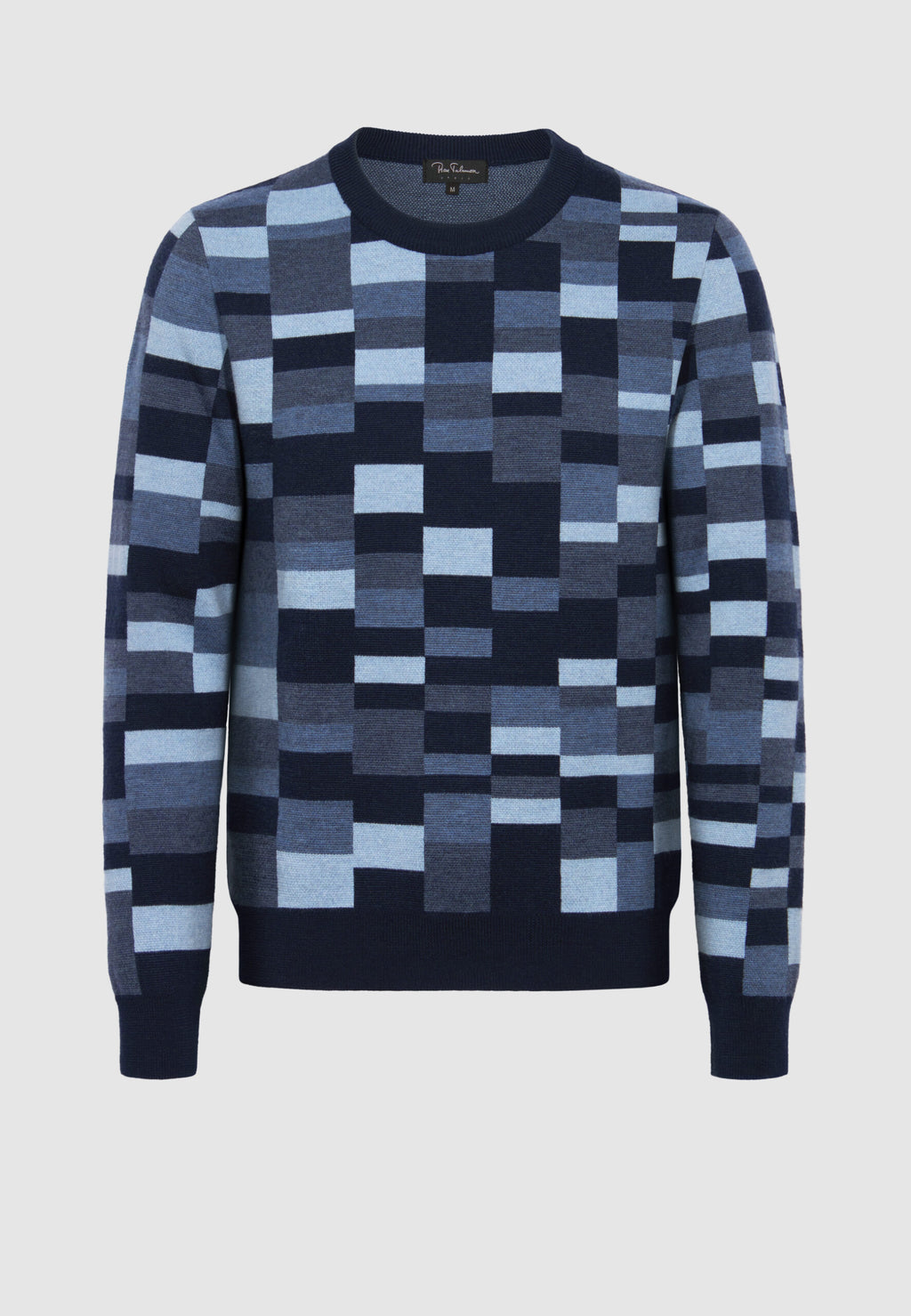 pull jacquard en laine mérinos à carreaux bleus