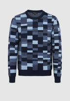 pull jacquard en laine mérinos à carreaux bleus