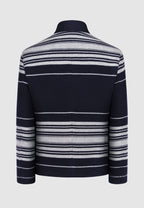 Blouson zippé en laine et cachemire bleu marine à rayures