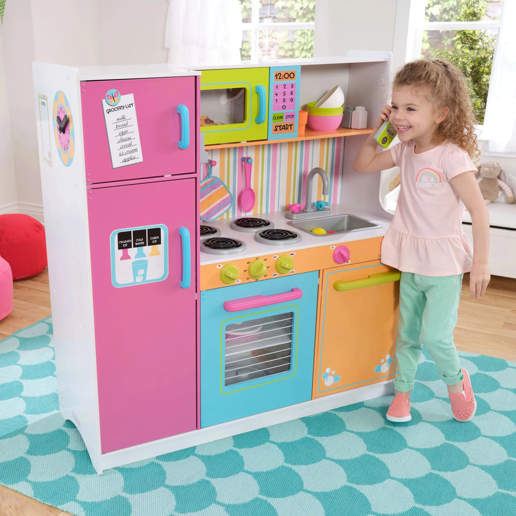 KidKraft Cocina de Juguete de Madera Deluxe Grande y Brillante para Niños, Colores Neón