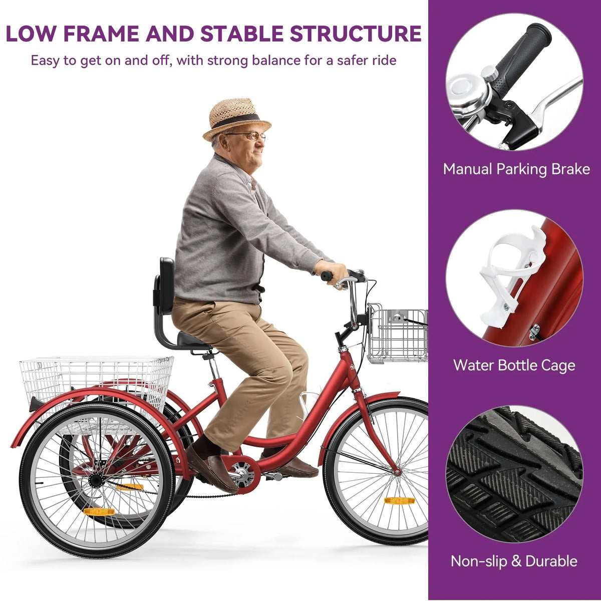 26 Blue Adult Tricycle 3 Wheel Bikes with Removable Baskets